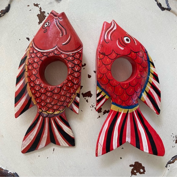 Set of 6 Hand Painted Wooden Tropical Fish Napkin Rings Holders Vintage - Picture 14 of 16